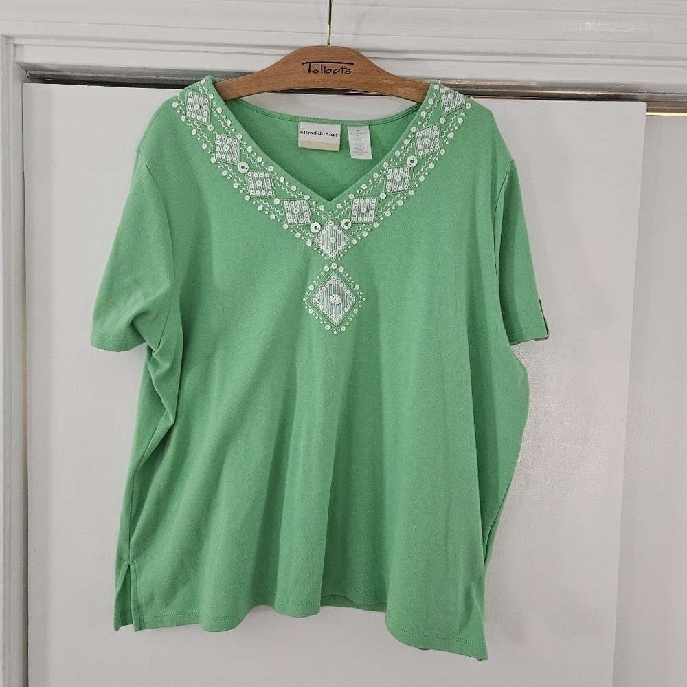 Alfred Dunner Short Sleeve Embellished V-neck detailed Green 1X Shirt